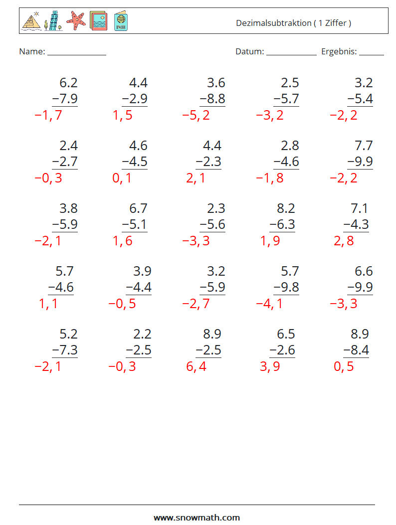 (25) Dezimalsubtraktion ( 1 Ziffer ) Mathe-Arbeitsblätter 10 Frage, Antwort