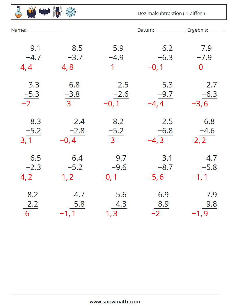 (25) Dezimalsubtraktion ( 1 Ziffer ) Mathe-Arbeitsblätter 11 Frage, Antwort