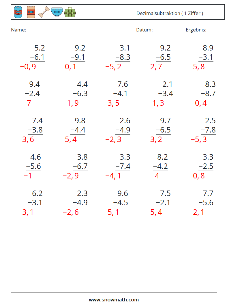 (25) Dezimalsubtraktion ( 1 Ziffer ) Mathe-Arbeitsblätter 13 Frage, Antwort