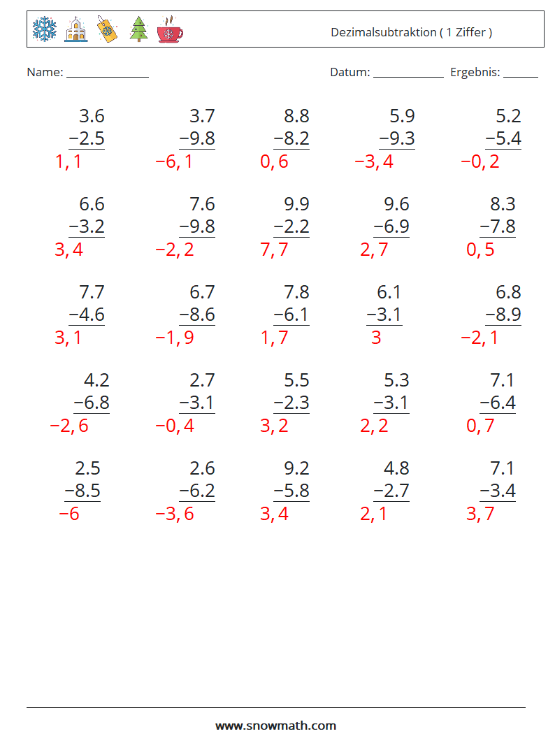 (25) Dezimalsubtraktion ( 1 Ziffer ) Mathe-Arbeitsblätter 15 Frage, Antwort