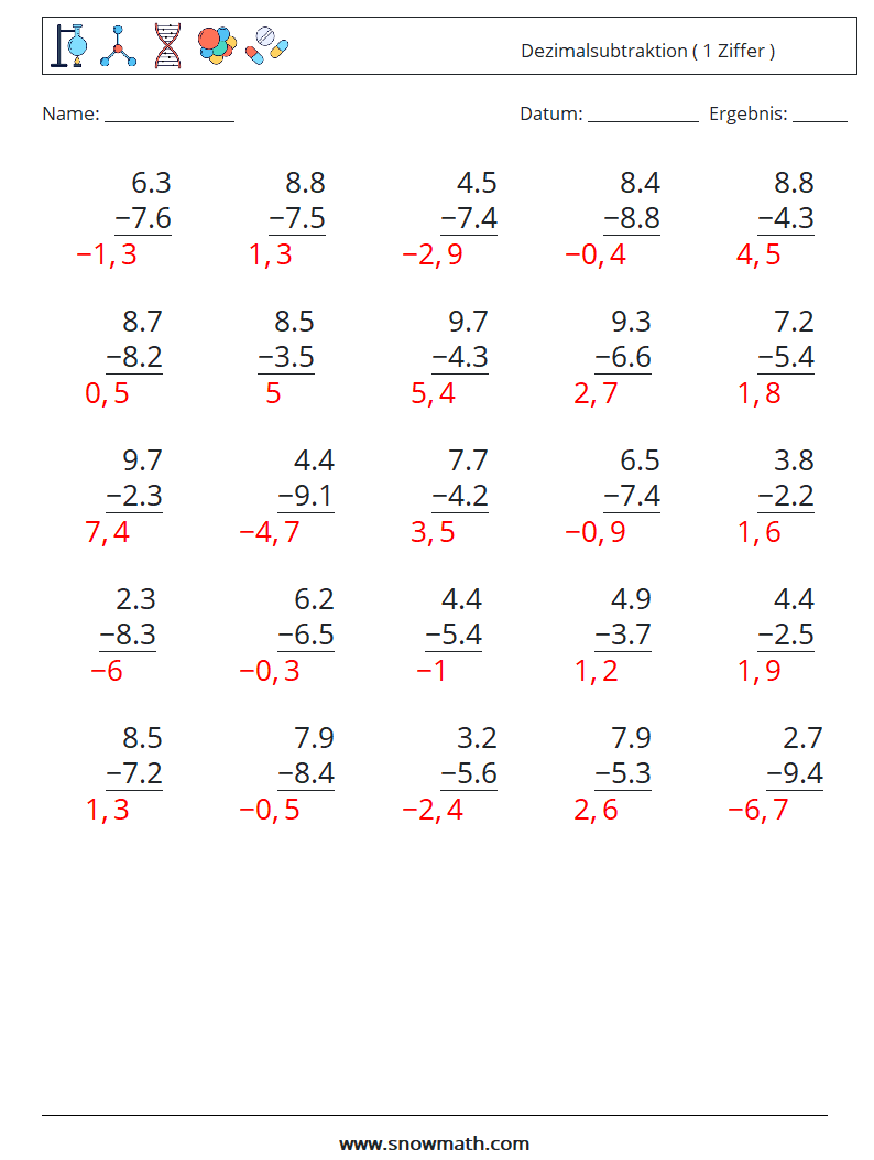 (25) Dezimalsubtraktion ( 1 Ziffer ) Mathe-Arbeitsblätter 16 Frage, Antwort
