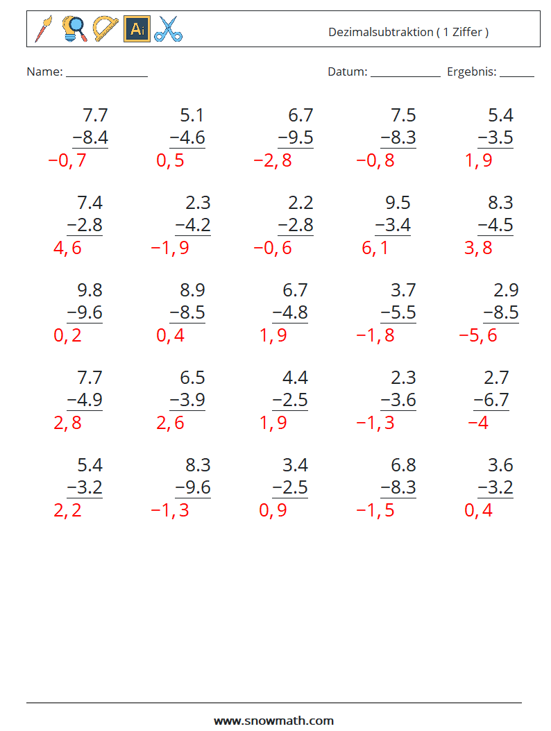 (25) Dezimalsubtraktion ( 1 Ziffer ) Mathe-Arbeitsblätter 17 Frage, Antwort