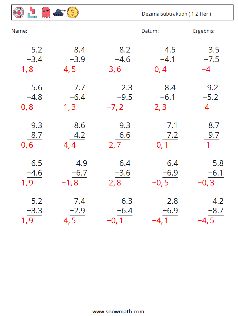 (25) Dezimalsubtraktion ( 1 Ziffer ) Mathe-Arbeitsblätter 18 Frage, Antwort
