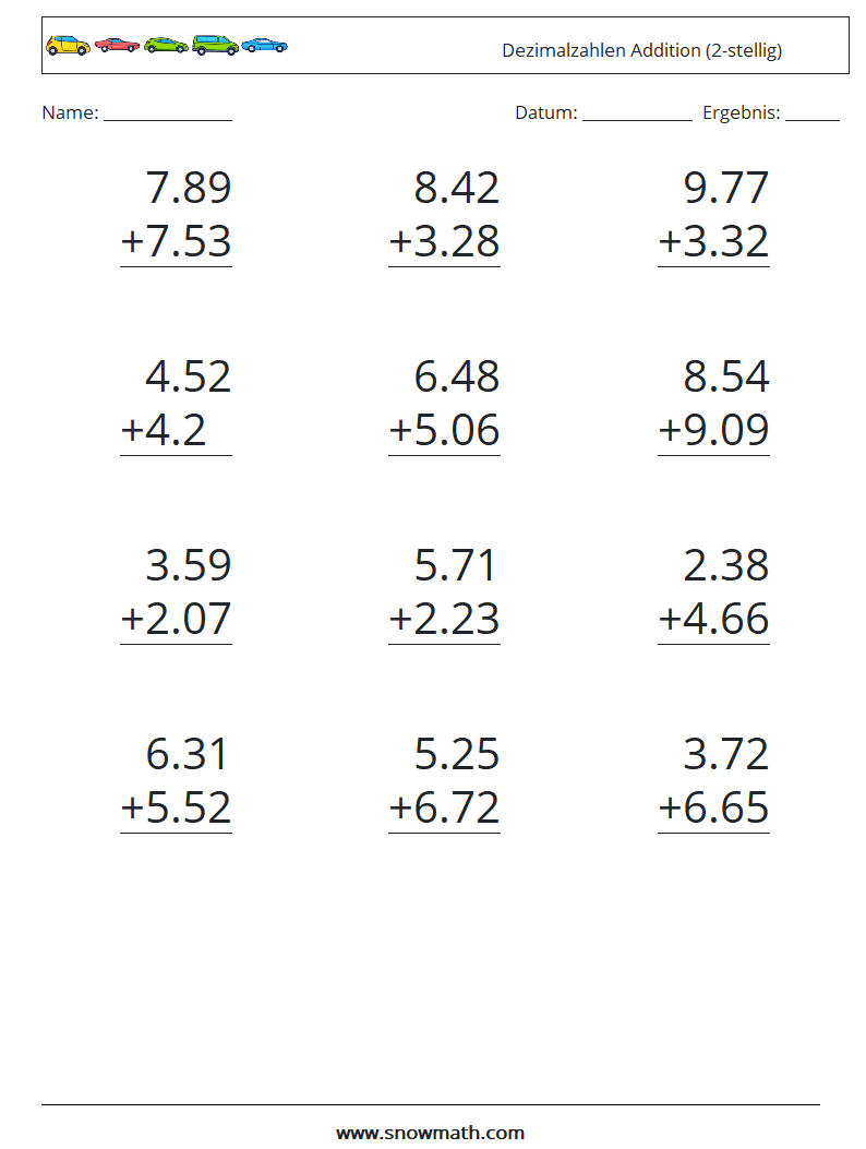 (12) Dezimalzahlen Addition (2-stellig) Mathe-Arbeitsblätter 1