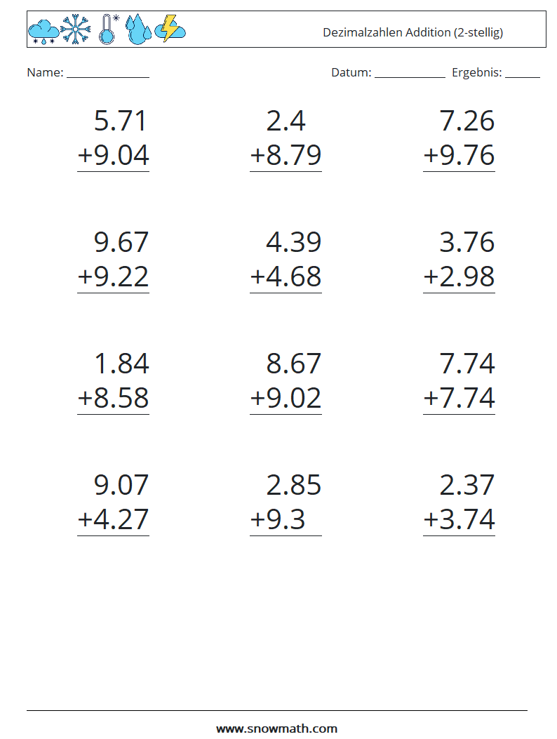 (12) Dezimalzahlen Addition (2-stellig) Mathe-Arbeitsblätter 10