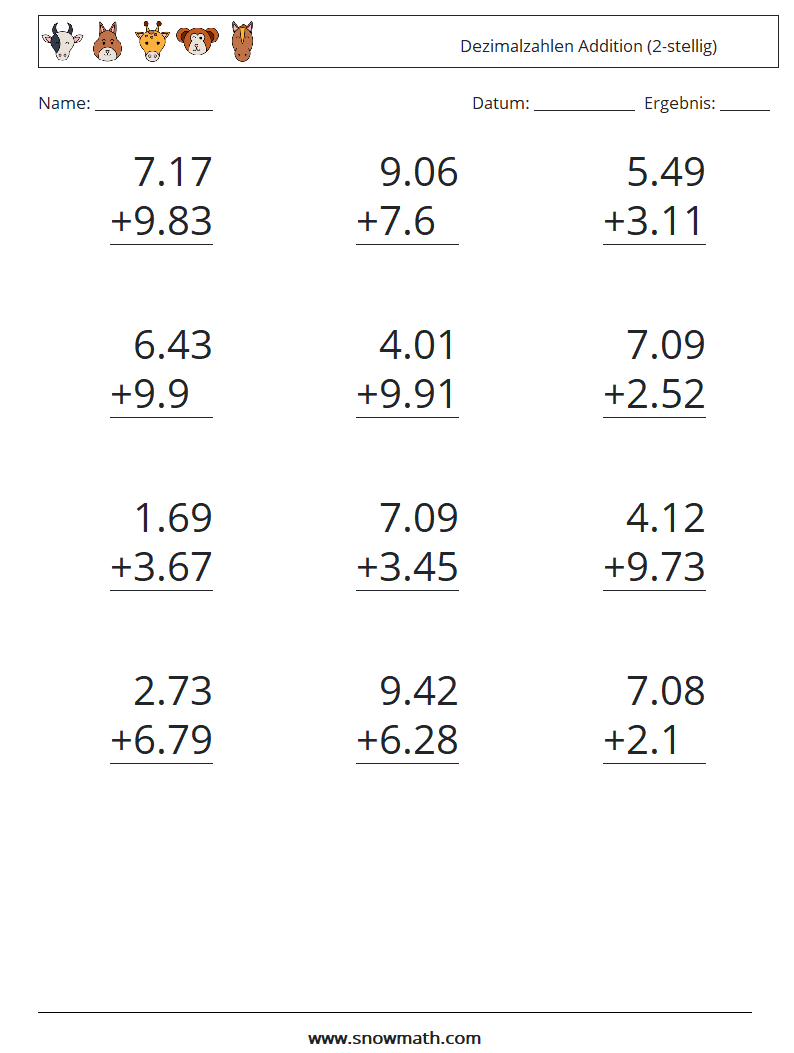 (12) Dezimalzahlen Addition (2-stellig) Mathe-Arbeitsblätter 11