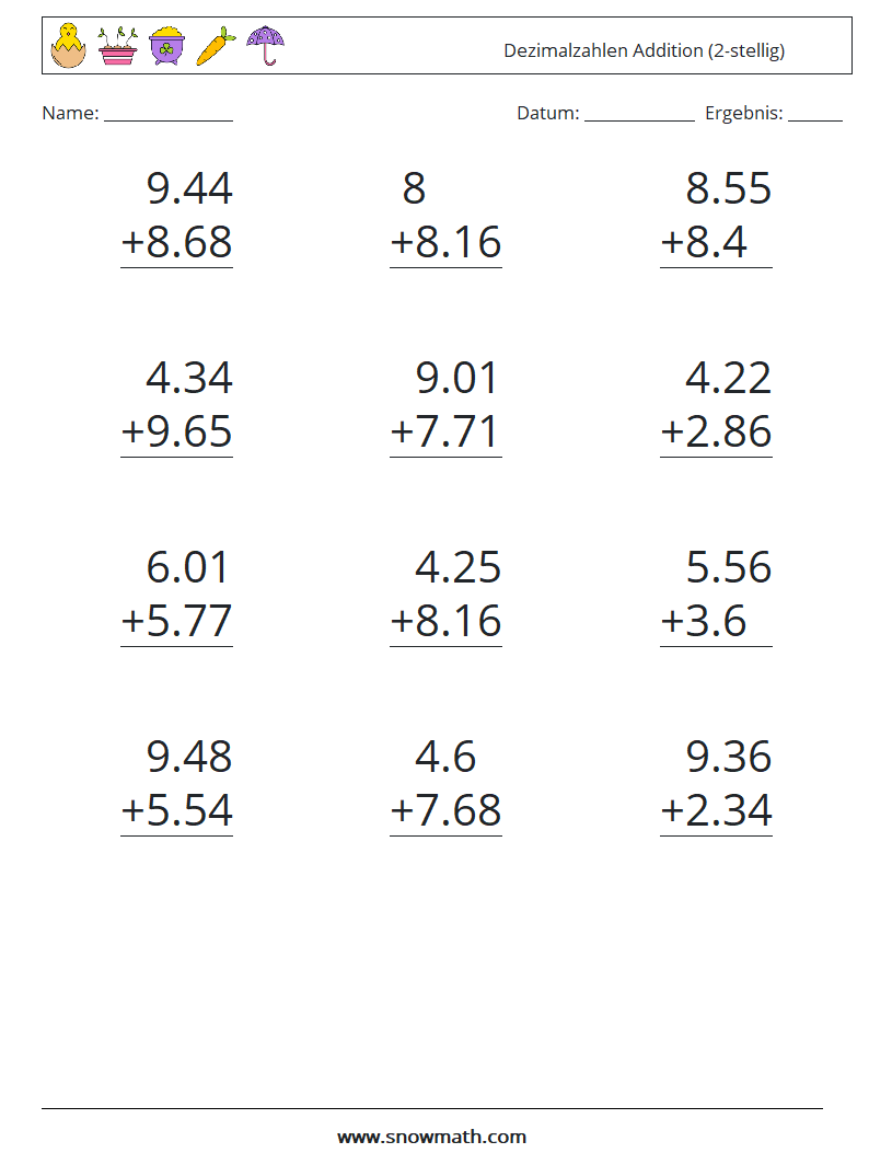 (12) Dezimalzahlen Addition (2-stellig) Mathe-Arbeitsblätter 12