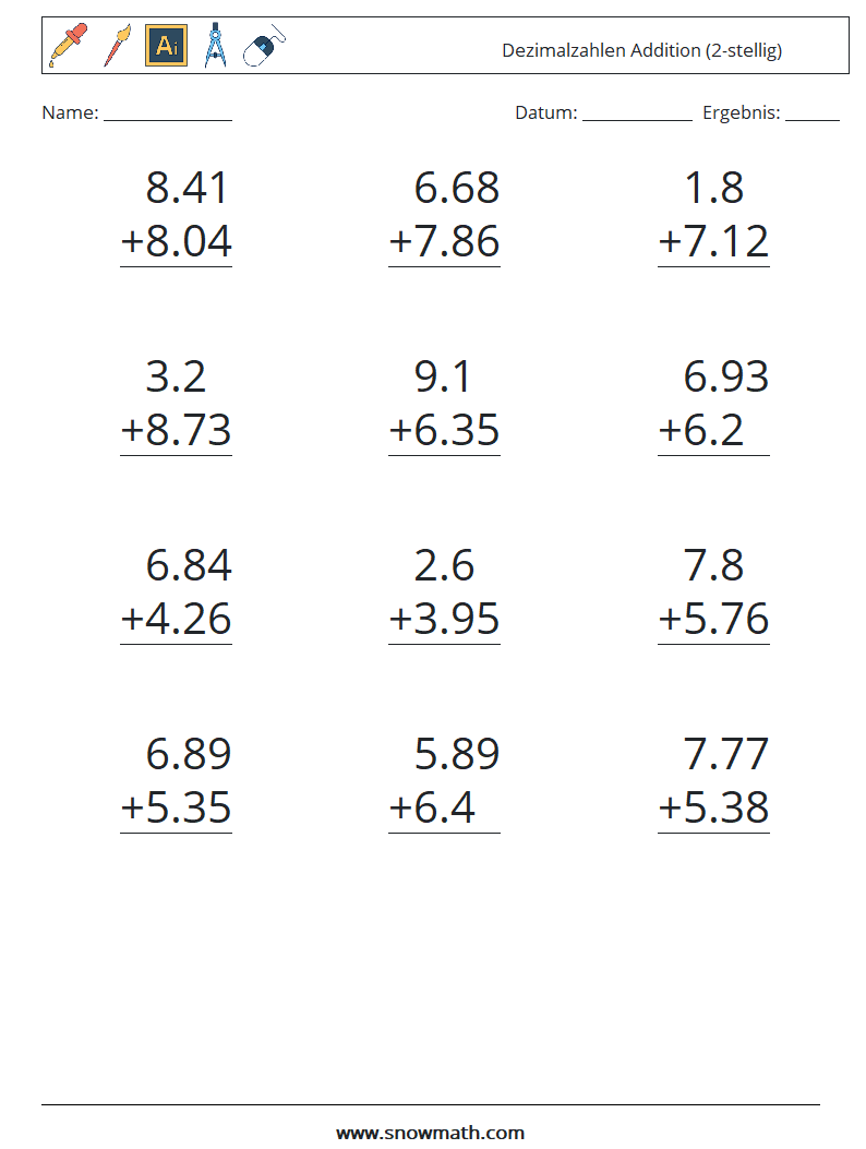 (12) Dezimalzahlen Addition (2-stellig) Mathe-Arbeitsblätter 13