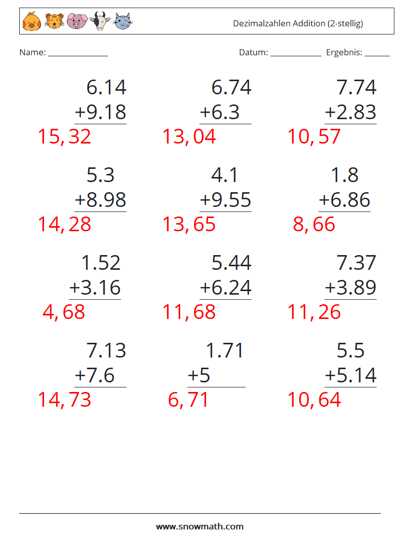 (12) Dezimalzahlen Addition (2-stellig) Mathe-Arbeitsblätter 14 Frage, Antwort