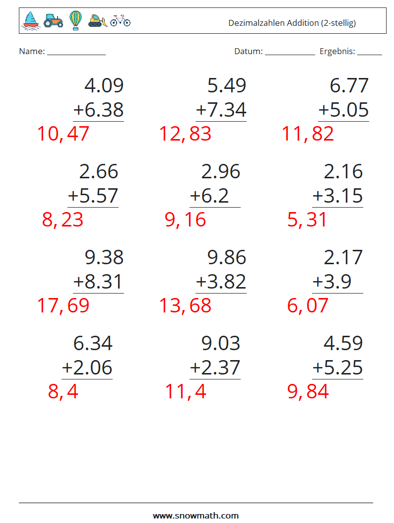 (12) Dezimalzahlen Addition (2-stellig) Mathe-Arbeitsblätter 15 Frage, Antwort