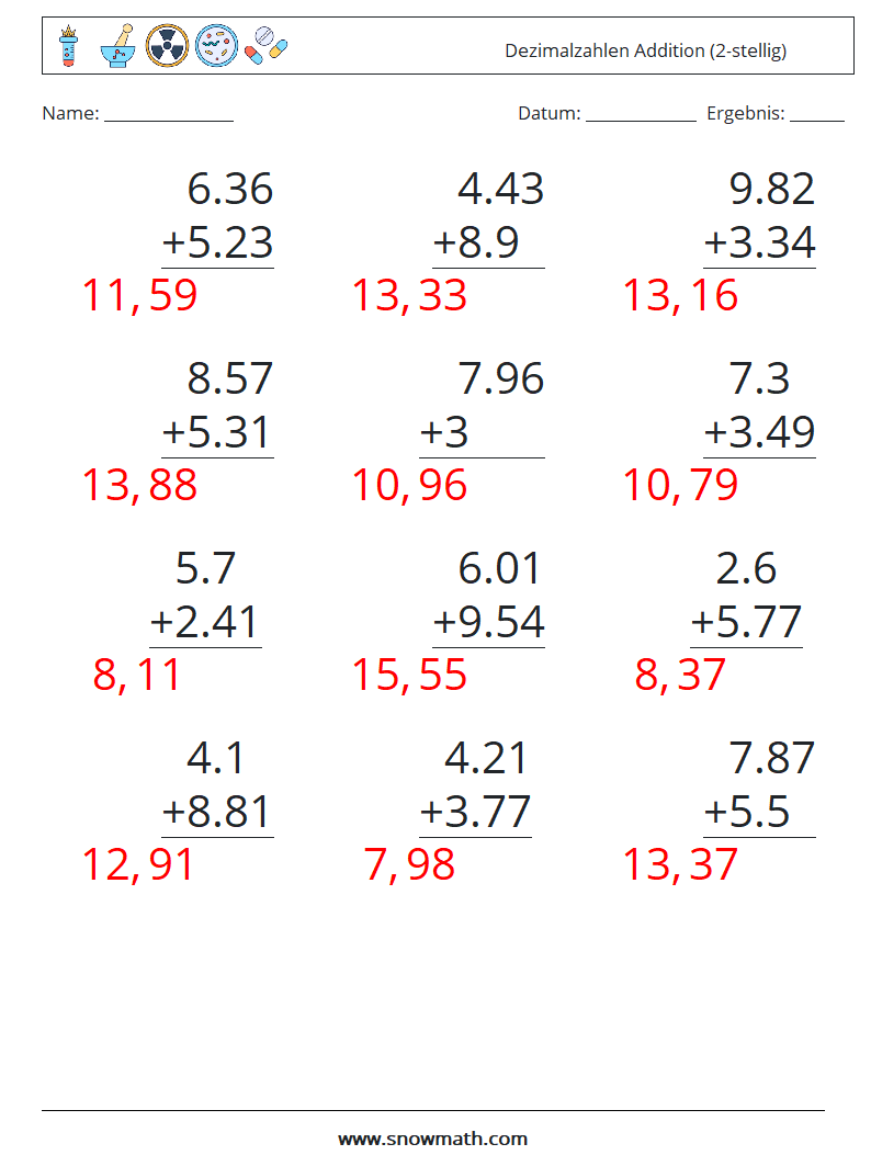 (12) Dezimalzahlen Addition (2-stellig) Mathe-Arbeitsblätter 16 Frage, Antwort