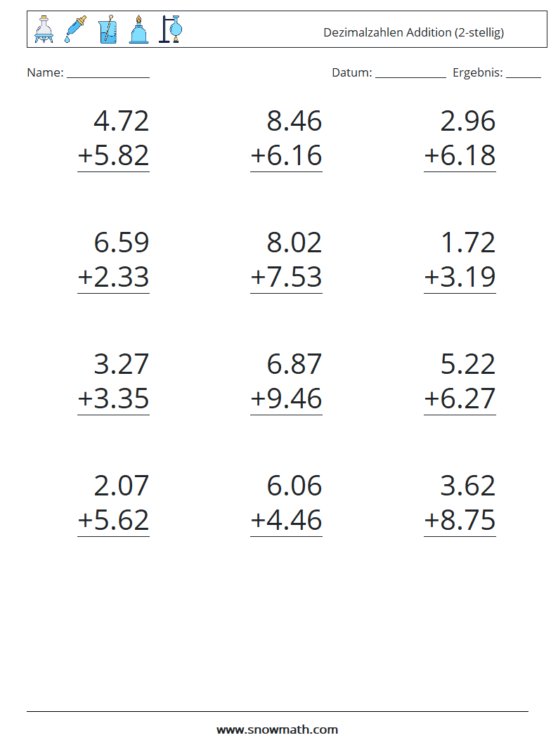 (12) Dezimalzahlen Addition (2-stellig) Mathe-Arbeitsblätter 17