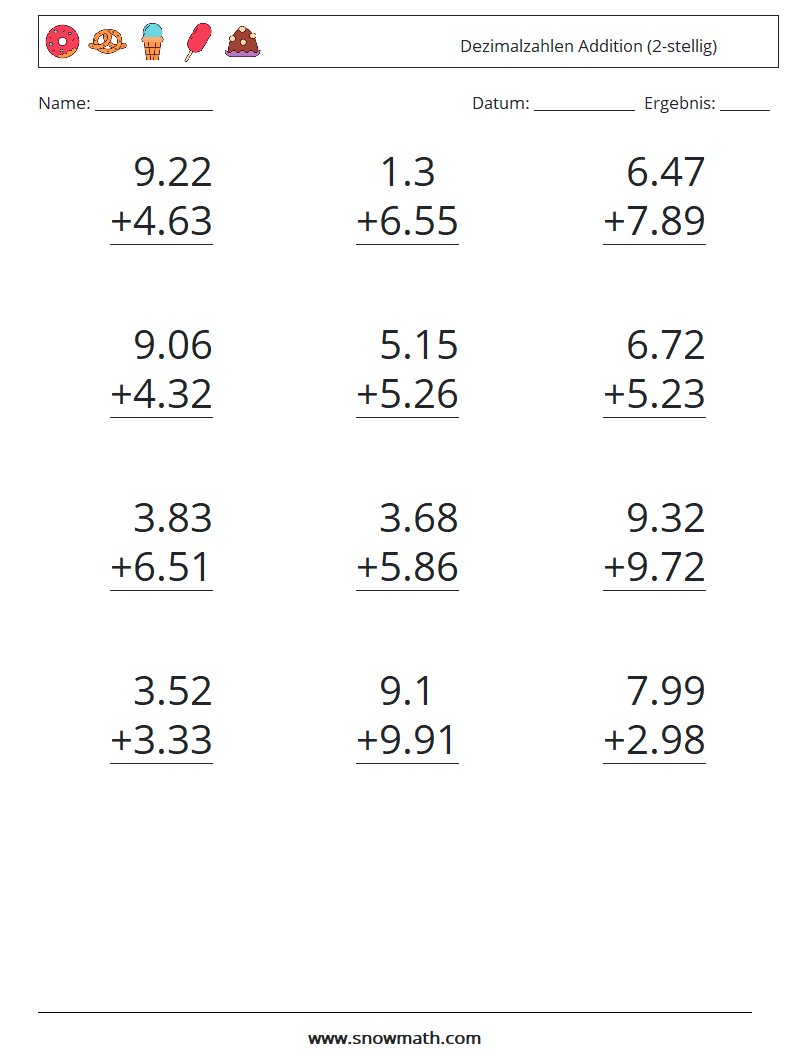 (12) Dezimalzahlen Addition (2-stellig) Mathe-Arbeitsblätter 18