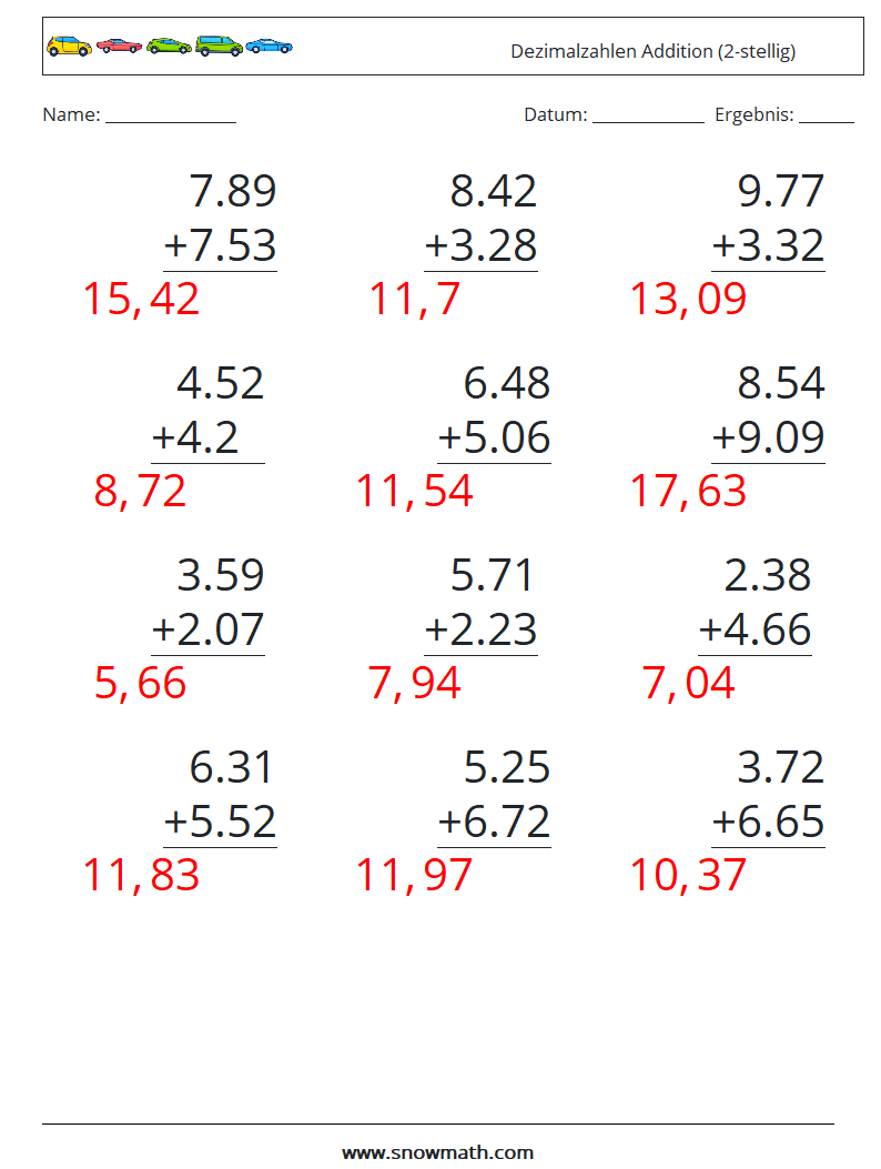 (12) Dezimalzahlen Addition (2-stellig) Mathe-Arbeitsblätter 1 Frage, Antwort