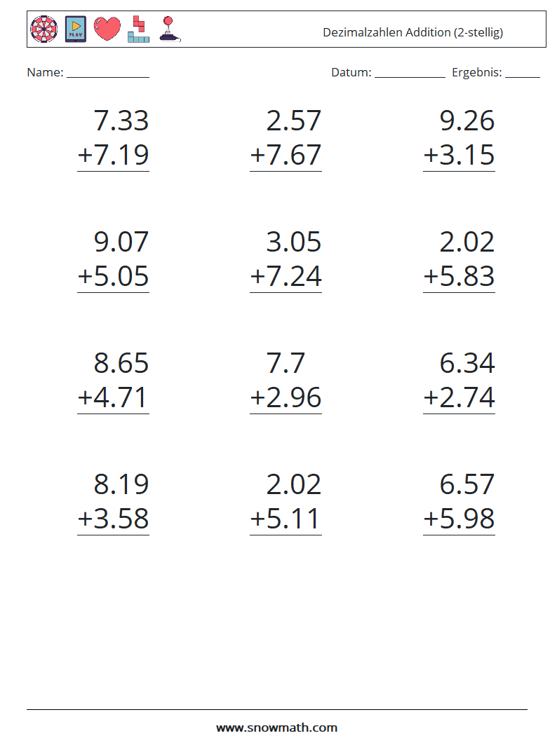 (12) Dezimalzahlen Addition (2-stellig) Mathe-Arbeitsblätter 2