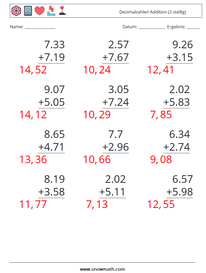 (12) Dezimalzahlen Addition (2-stellig) Mathe-Arbeitsblätter 2 Frage, Antwort