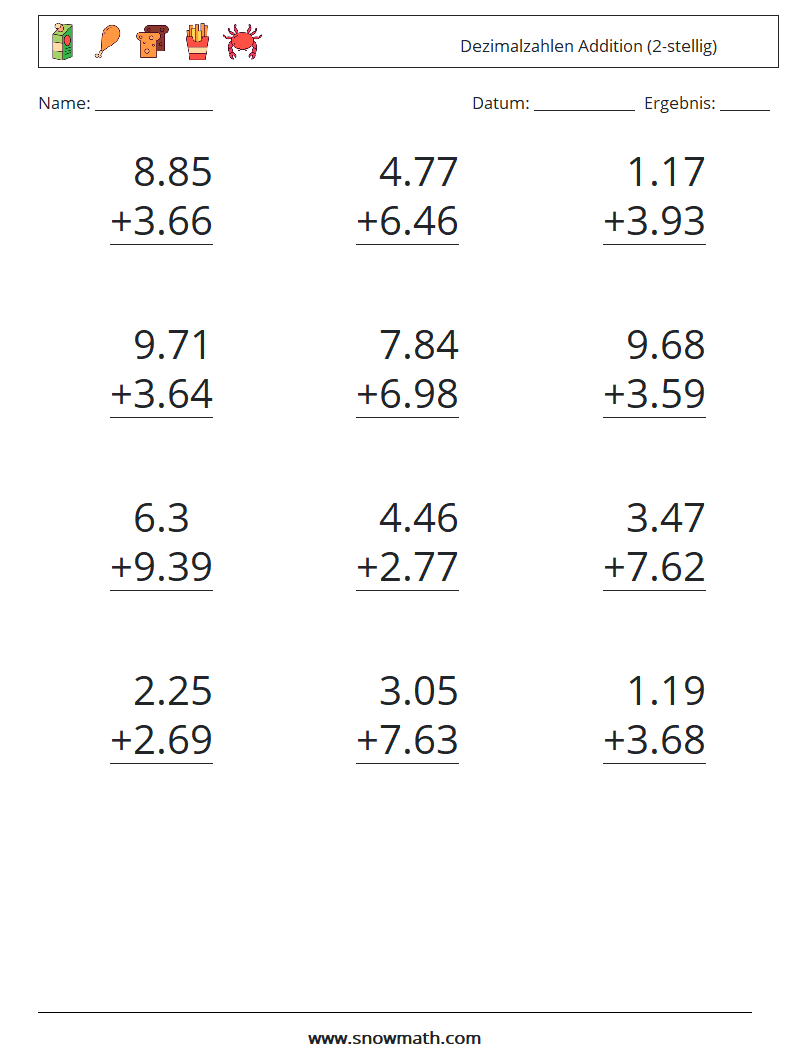 (12) Dezimalzahlen Addition (2-stellig) Mathe-Arbeitsblätter 3