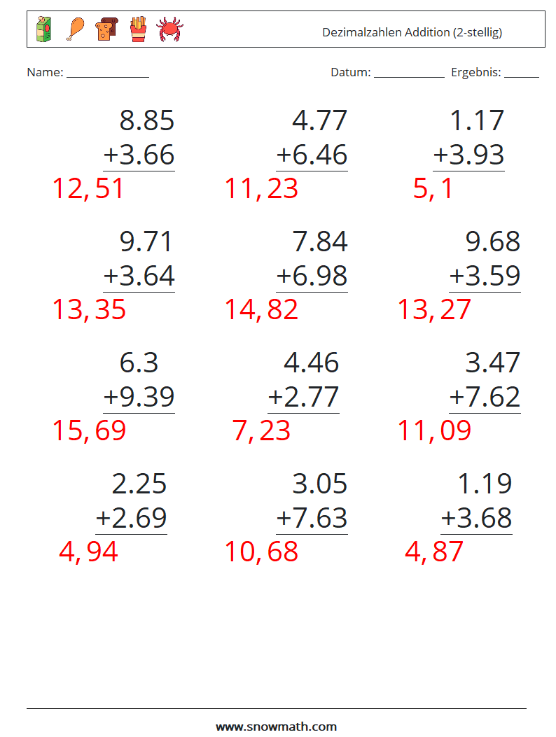 (12) Dezimalzahlen Addition (2-stellig) Mathe-Arbeitsblätter 3 Frage, Antwort