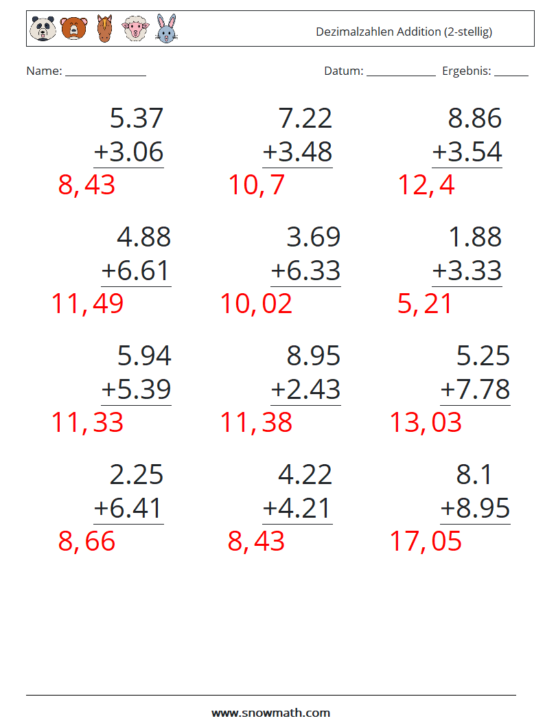 (12) Dezimalzahlen Addition (2-stellig) Mathe-Arbeitsblätter 4 Frage, Antwort