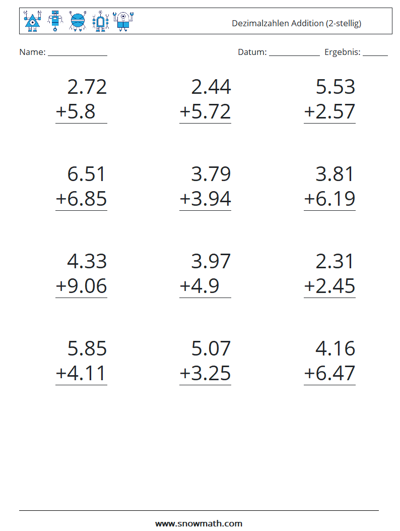 (12) Dezimalzahlen Addition (2-stellig) Mathe-Arbeitsblätter 5