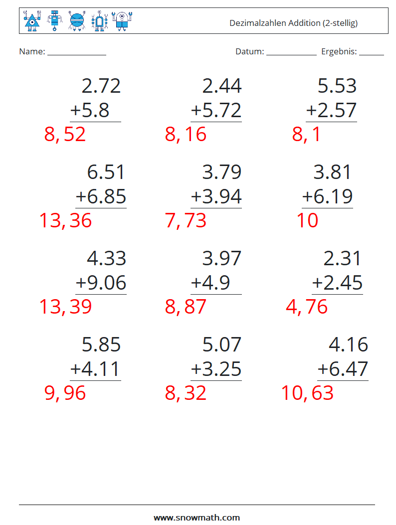 (12) Dezimalzahlen Addition (2-stellig) Mathe-Arbeitsblätter 5 Frage, Antwort