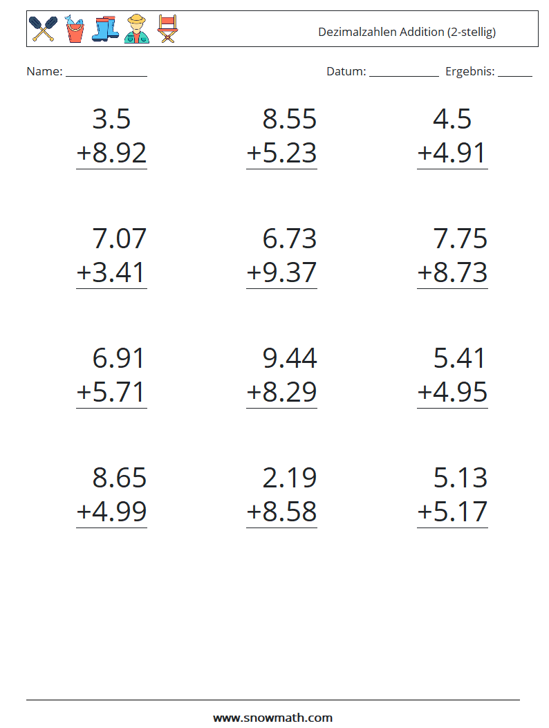 (12) Dezimalzahlen Addition (2-stellig) Mathe-Arbeitsblätter 6