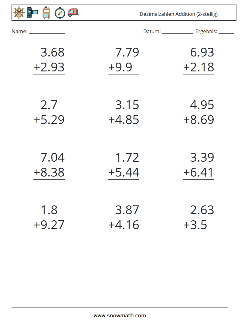 (12) Dezimalzahlen Addition (2-stellig) Mathe-Arbeitsblätter 7