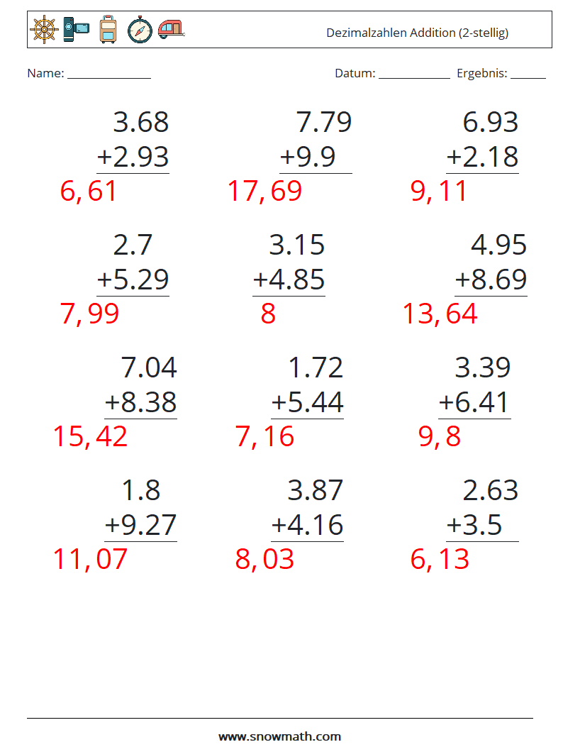 (12) Dezimalzahlen Addition (2-stellig) Mathe-Arbeitsblätter 7 Frage, Antwort