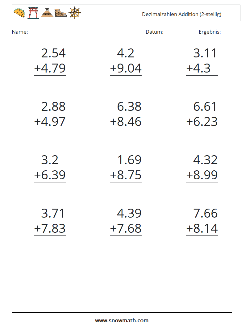 (12) Dezimalzahlen Addition (2-stellig) Mathe-Arbeitsblätter 8