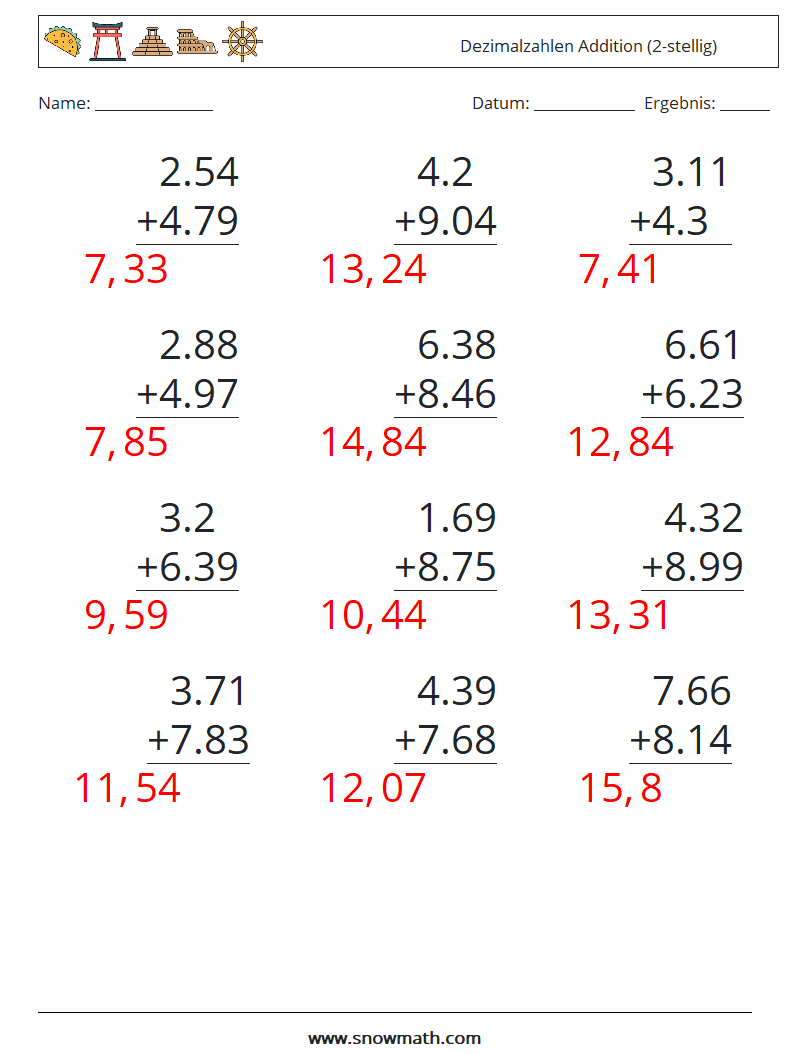 (12) Dezimalzahlen Addition (2-stellig) Mathe-Arbeitsblätter 8 Frage, Antwort