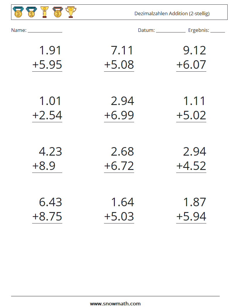 (12) Dezimalzahlen Addition (2-stellig) Mathe-Arbeitsblätter 9