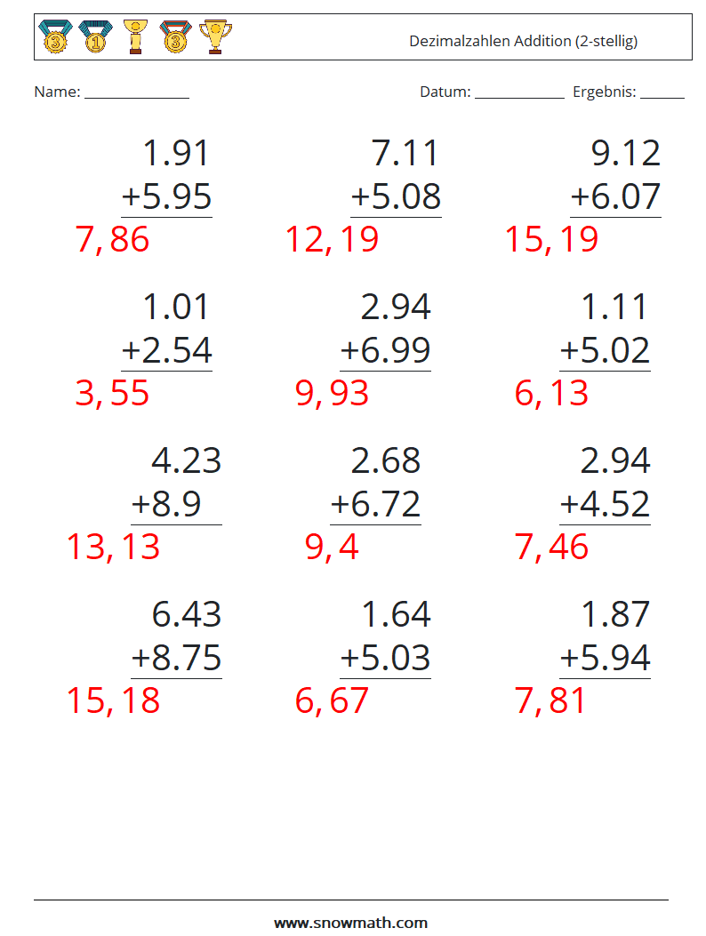 (12) Dezimalzahlen Addition (2-stellig) Mathe-Arbeitsblätter 9 Frage, Antwort