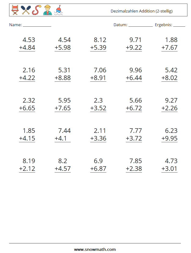 (25) Dezimalzahlen Addition (2-stellig) Mathe-Arbeitsblätter 1