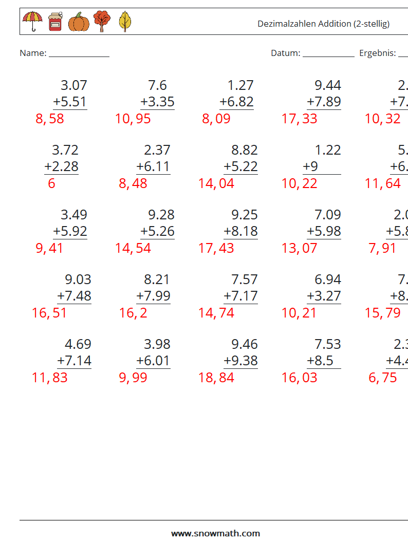 (25) Dezimalzahlen Addition (2-stellig) Mathe-Arbeitsblätter 11 Frage, Antwort