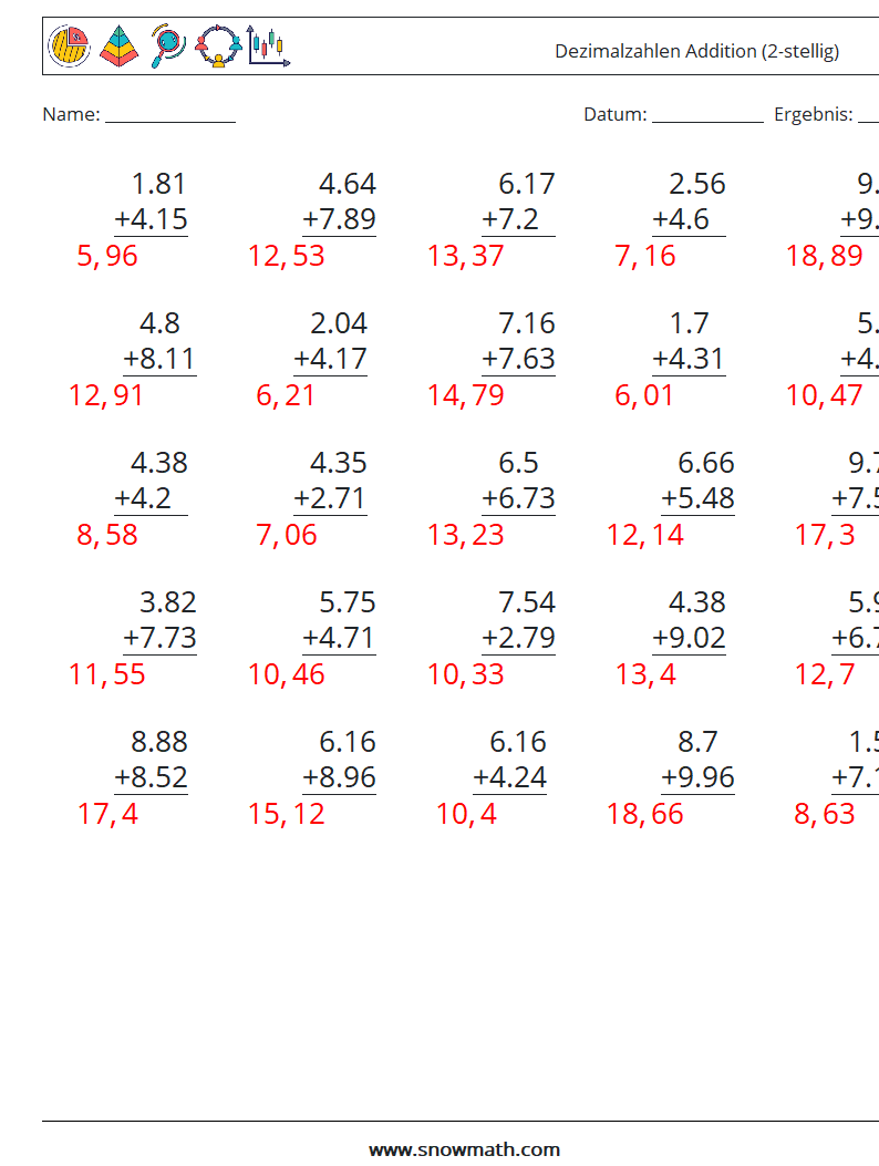 (25) Dezimalzahlen Addition (2-stellig) Mathe-Arbeitsblätter 12 Frage, Antwort