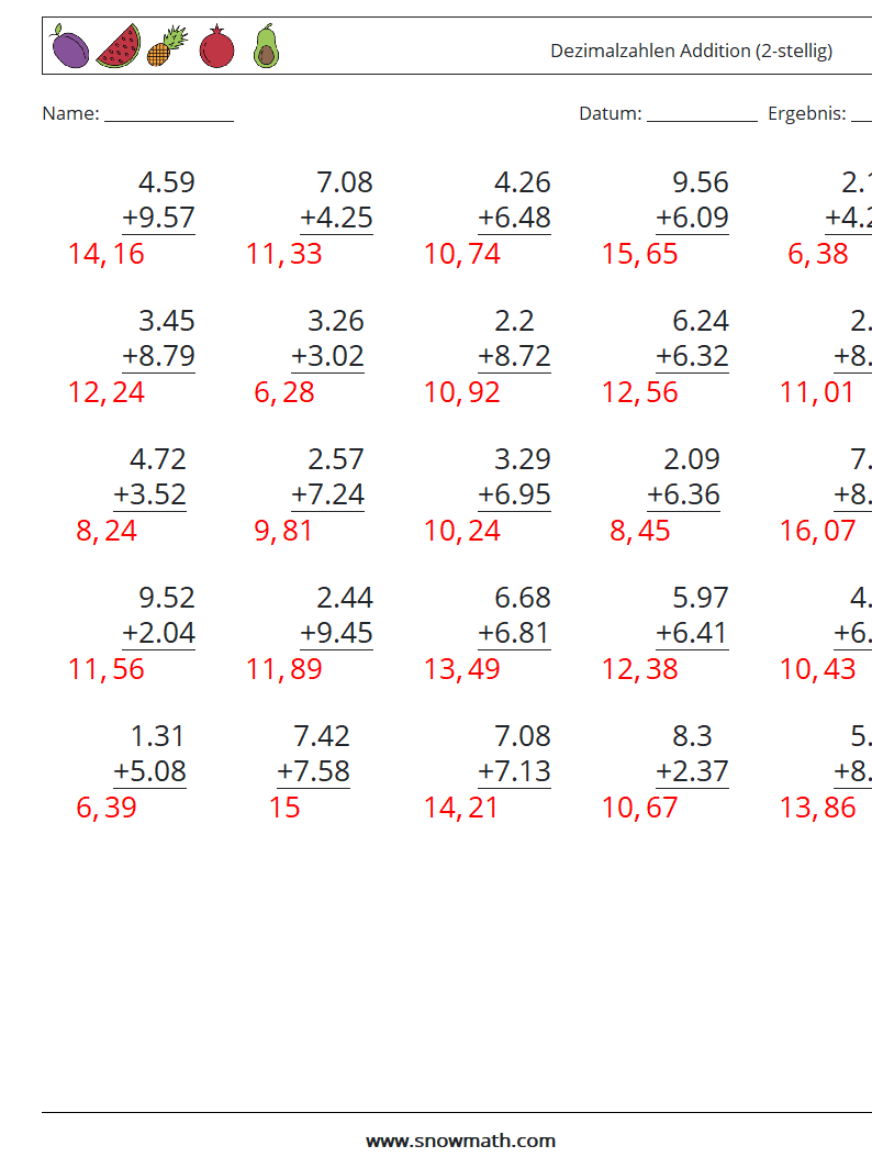 (25) Dezimalzahlen Addition (2-stellig) Mathe-Arbeitsblätter 13 Frage, Antwort