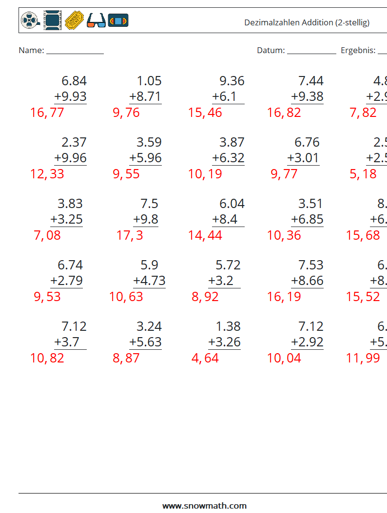 (25) Dezimalzahlen Addition (2-stellig) Mathe-Arbeitsblätter 14 Frage, Antwort