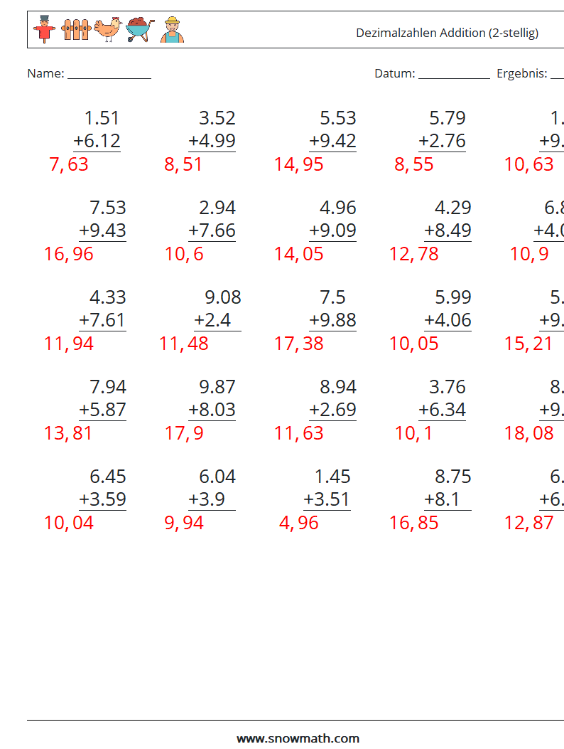 (25) Dezimalzahlen Addition (2-stellig) Mathe-Arbeitsblätter 17 Frage, Antwort