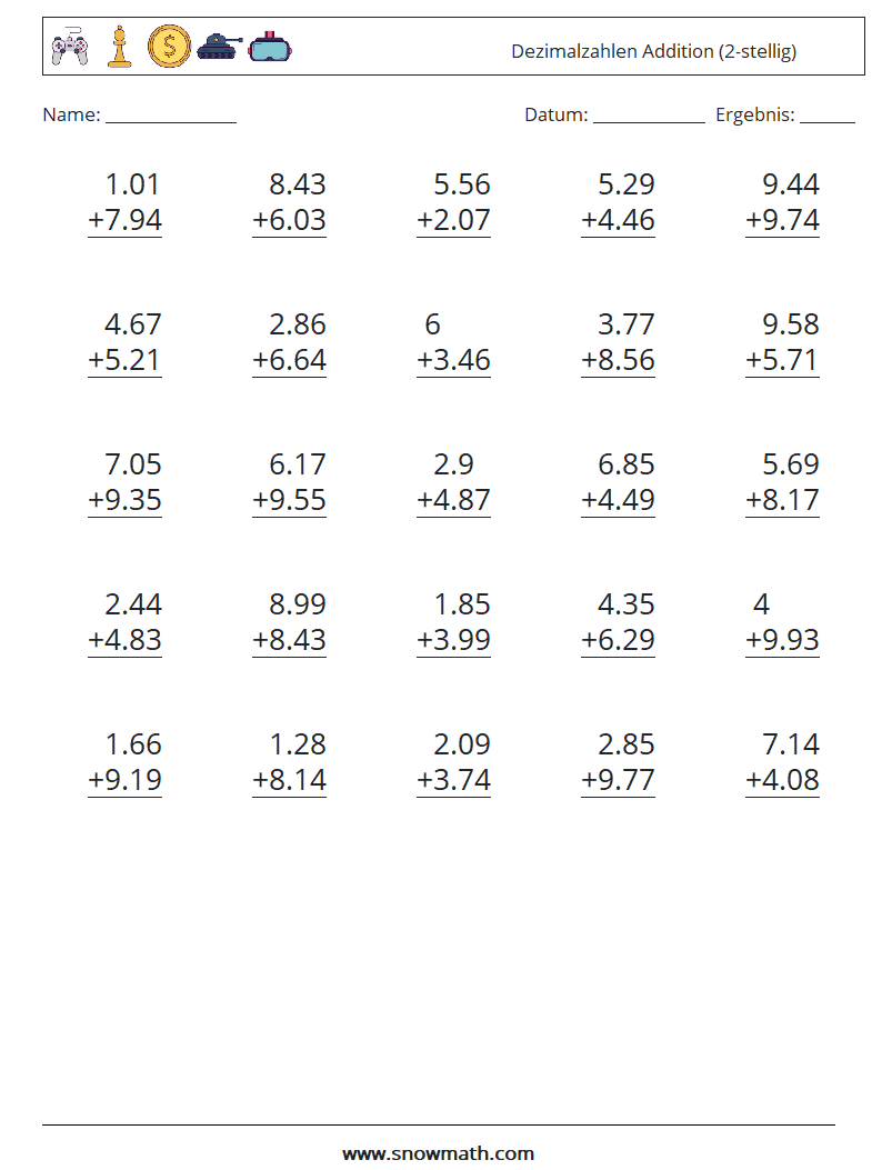 (25) Dezimalzahlen Addition (2-stellig) Mathe-Arbeitsblätter 2