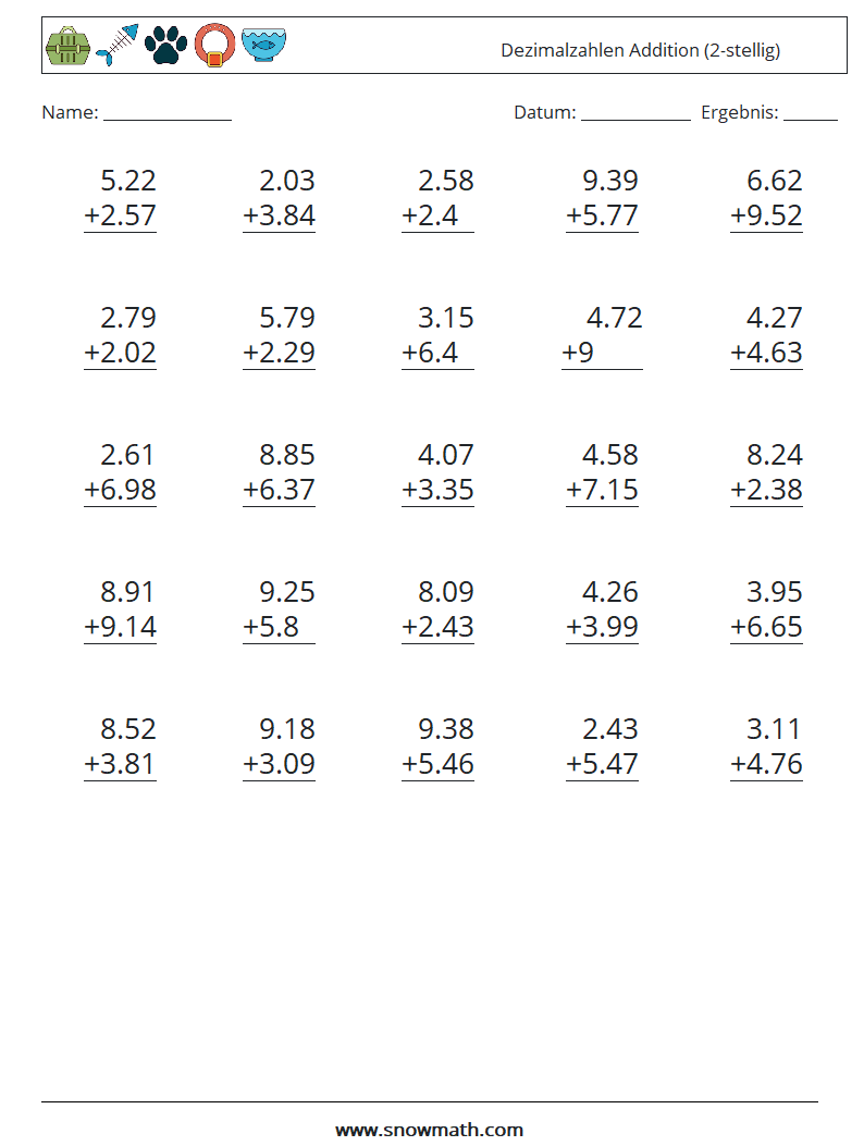 (25) Dezimalzahlen Addition (2-stellig) Mathe-Arbeitsblätter 3