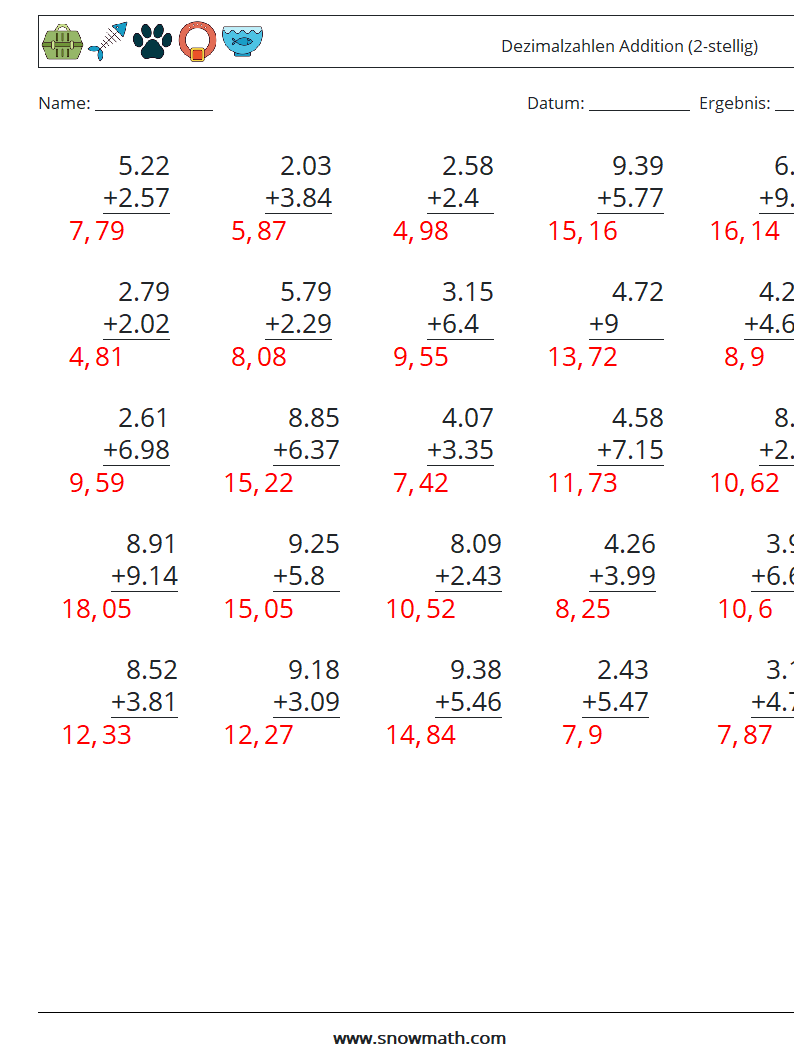 (25) Dezimalzahlen Addition (2-stellig) Mathe-Arbeitsblätter 3 Frage, Antwort