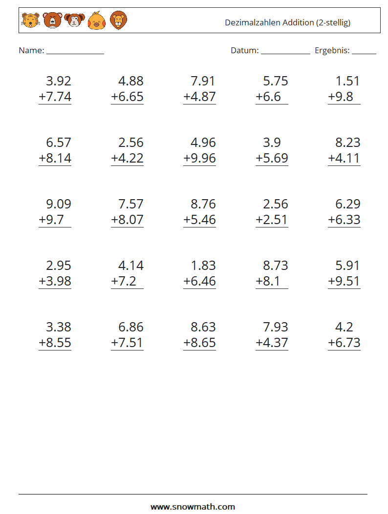 (25) Dezimalzahlen Addition (2-stellig) Mathe-Arbeitsblätter 4