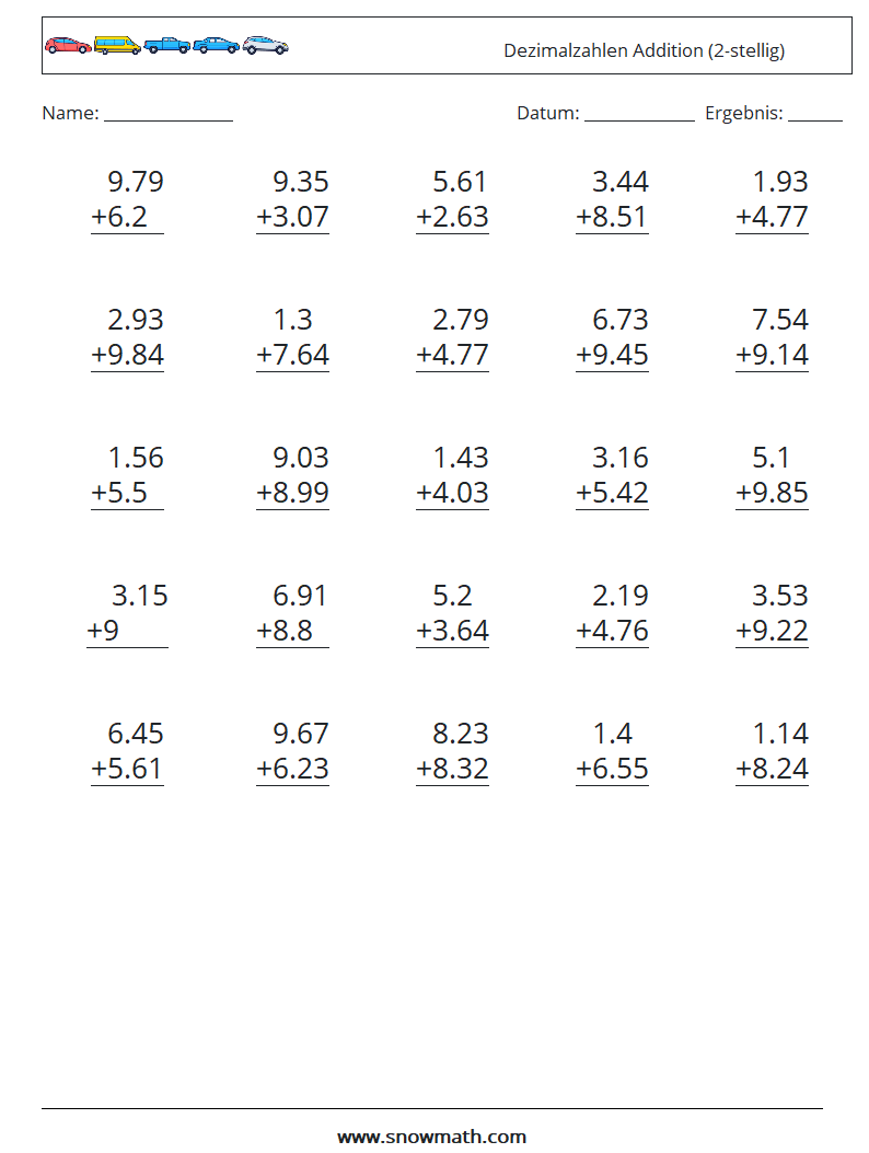 (25) Dezimalzahlen Addition (2-stellig) Mathe-Arbeitsblätter 6