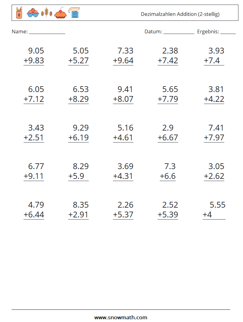 (25) Dezimalzahlen Addition (2-stellig) Mathe-Arbeitsblätter 7