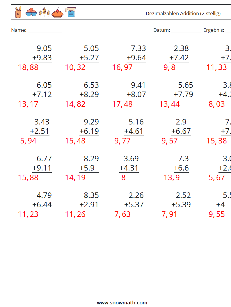 (25) Dezimalzahlen Addition (2-stellig) Mathe-Arbeitsblätter 7 Frage, Antwort