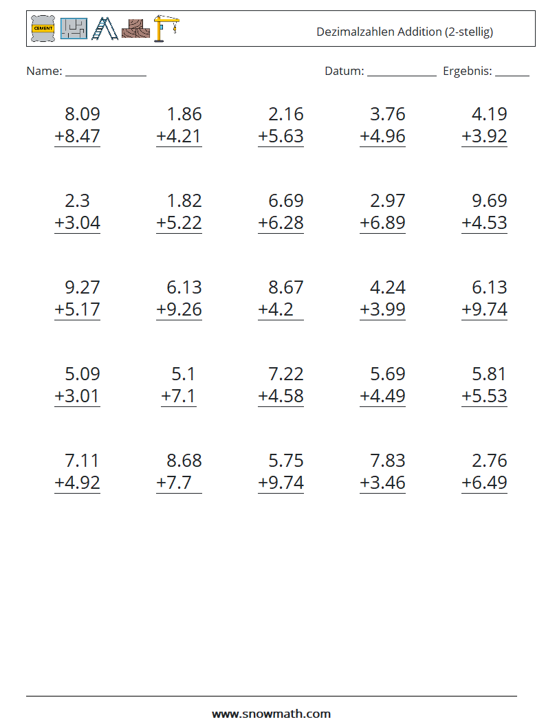 (25) Dezimalzahlen Addition (2-stellig) Mathe-Arbeitsblätter 8