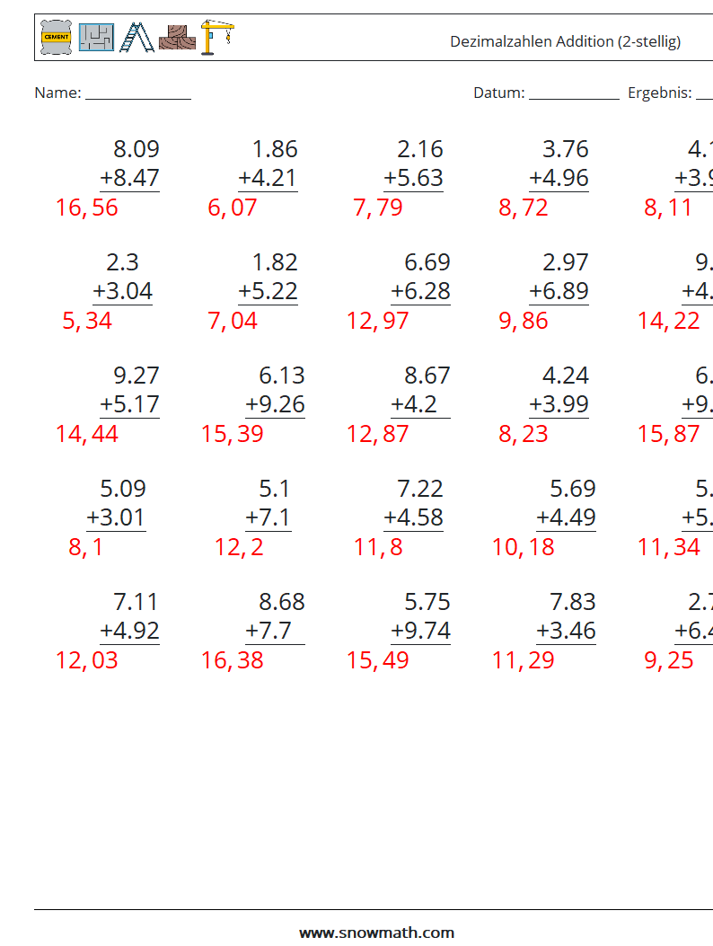 (25) Dezimalzahlen Addition (2-stellig) Mathe-Arbeitsblätter 8 Frage, Antwort