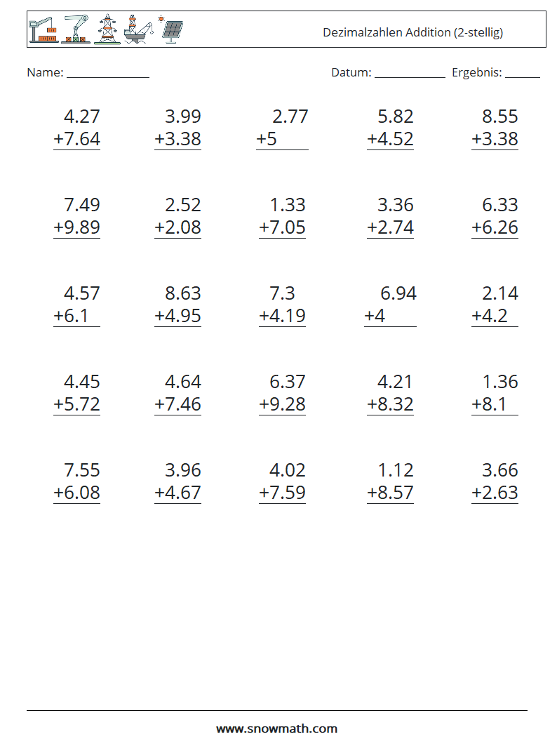 (25) Dezimalzahlen Addition (2-stellig) Mathe-Arbeitsblätter 9