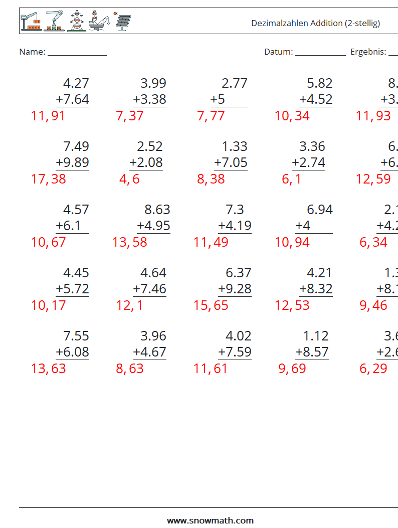 (25) Dezimalzahlen Addition (2-stellig) Mathe-Arbeitsblätter 9 Frage, Antwort