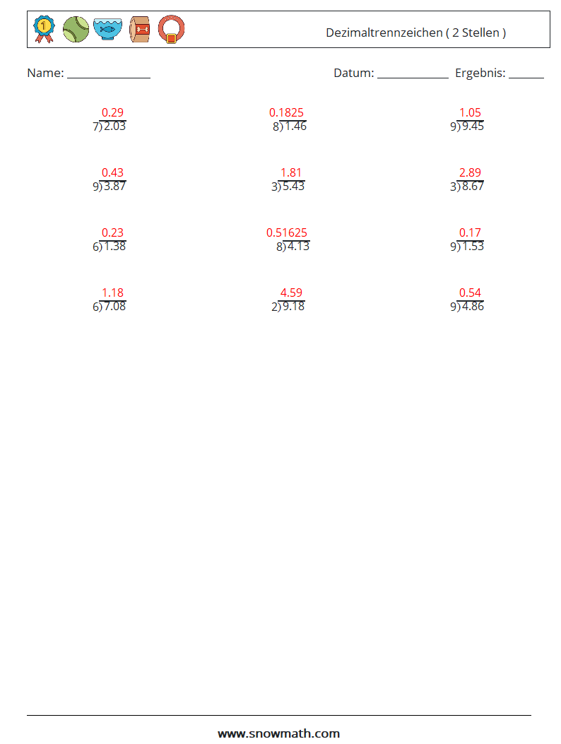 (12) Dezimaltrennzeichen ( 2 Stellen ) Mathe-Arbeitsblätter 10 Frage, Antwort